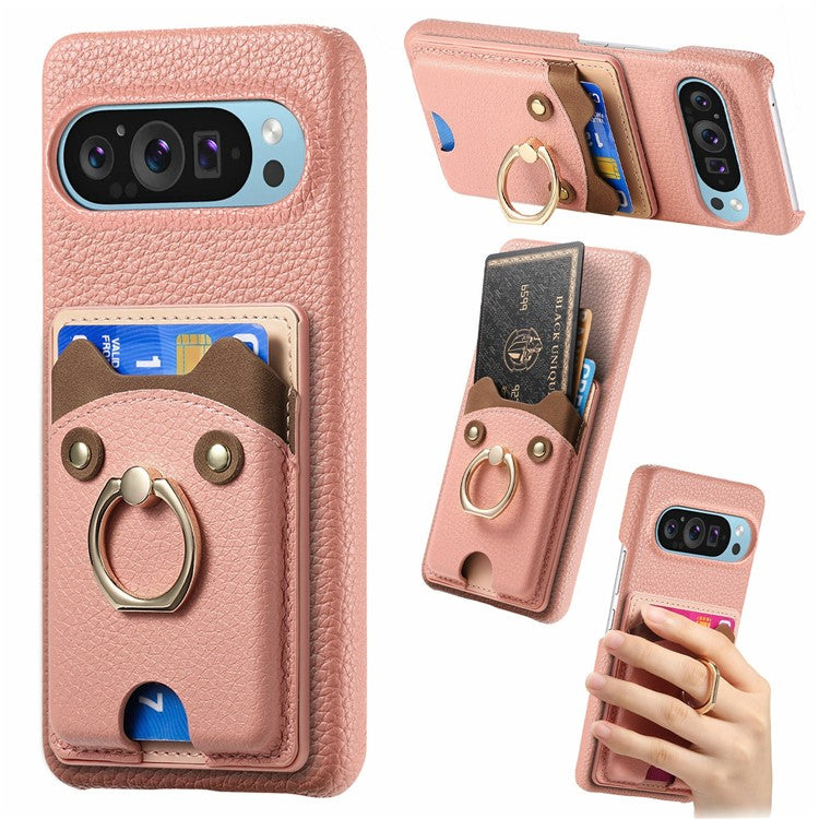 For Google Pixel 9 Pro XL Case Cute Bear Design PU Leather+TPU Card Holder Phone Cover - Pink