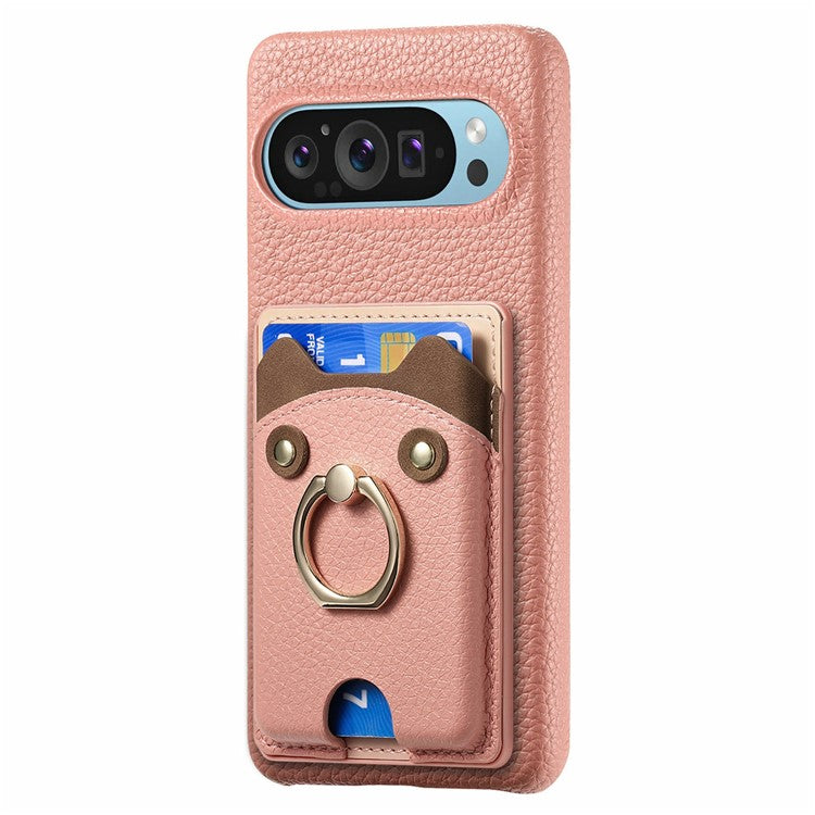 For Google Pixel 9 Pro XL Case Cute Bear Design PU Leather+TPU Card Holder Phone Cover - Pink