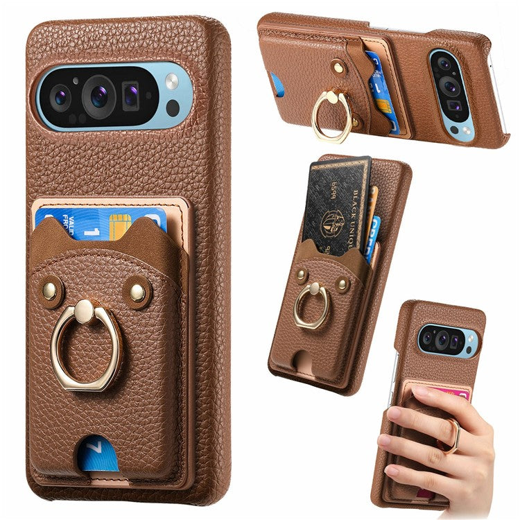 For Google Pixel 9 Pro XL Case Cute Bear Design PU Leather+TPU Card Holder Phone Cover - Brown
