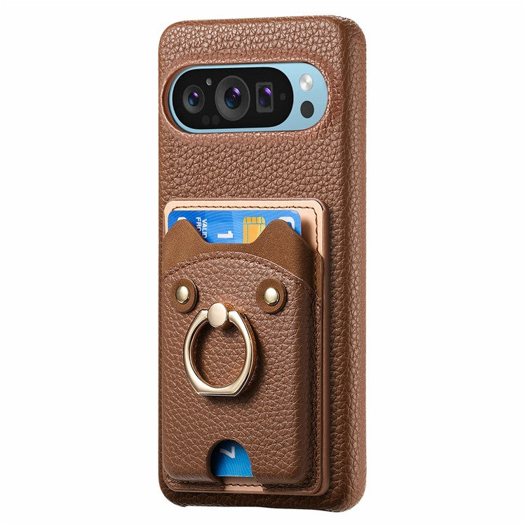 For Google Pixel 9 Pro XL Case Cute Bear Design PU Leather+TPU Card Holder Phone Cover - Brown