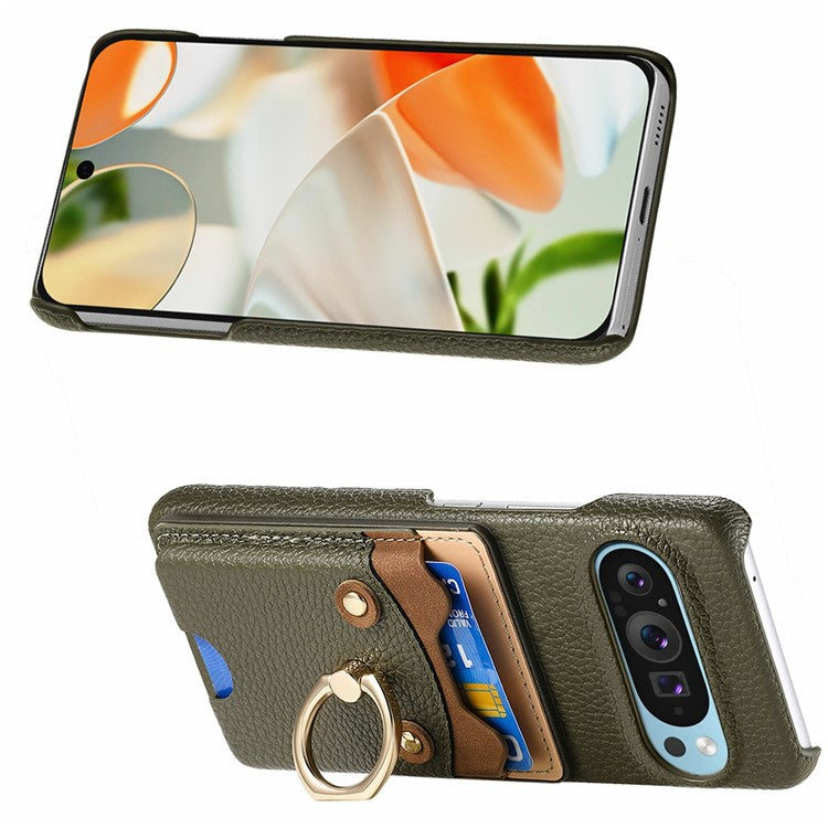 For Google Pixel 9 Pro XL Case Cute Bear Design PU Leather+TPU Card Holder Phone Cover - Dark Green