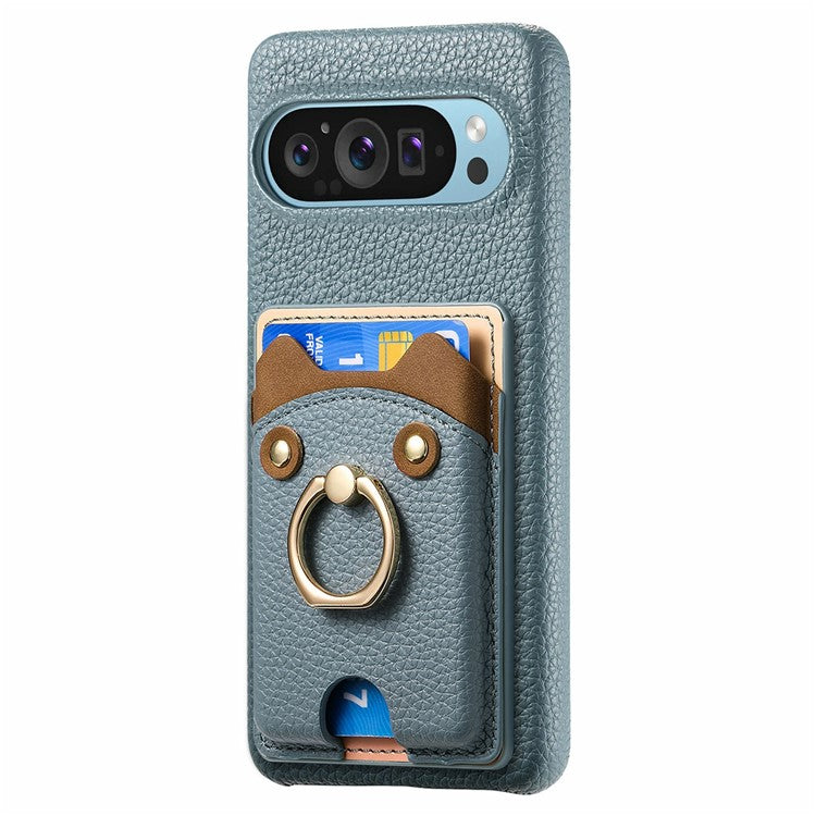 For Google Pixel 9 Pro XL Case Cute Bear Design PU Leather+TPU Card Holder Phone Cover - Blue