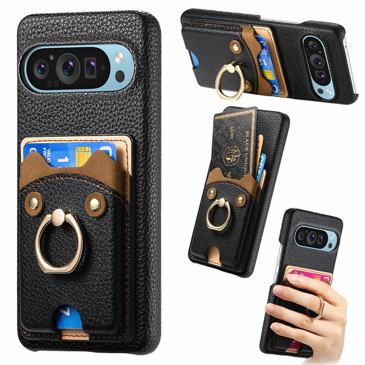 For Google Pixel 9 Pro XL Case Cute Bear Design PU Leather+TPU Card Holder Phone Cover - Black