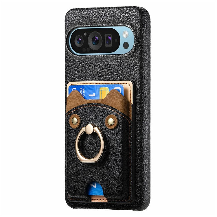 For Google Pixel 9 Pro XL Case Cute Bear Design PU Leather+TPU Card Holder Phone Cover - Black