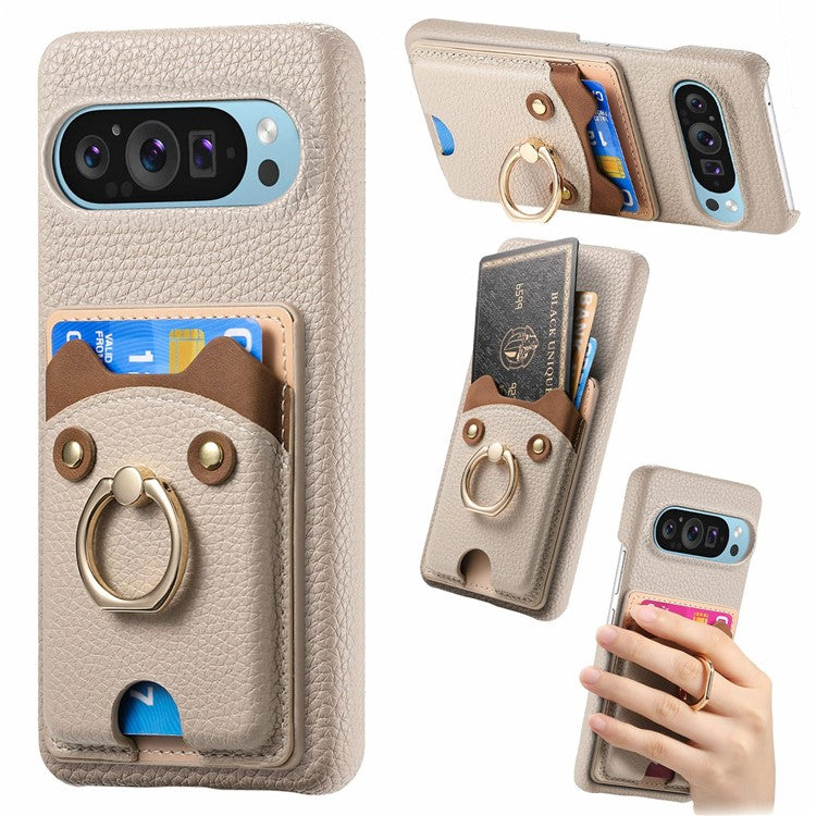 For Google Pixel 9 Pro XL Case Cute Bear Design PU Leather+TPU Card Holder Phone Cover - Khaki