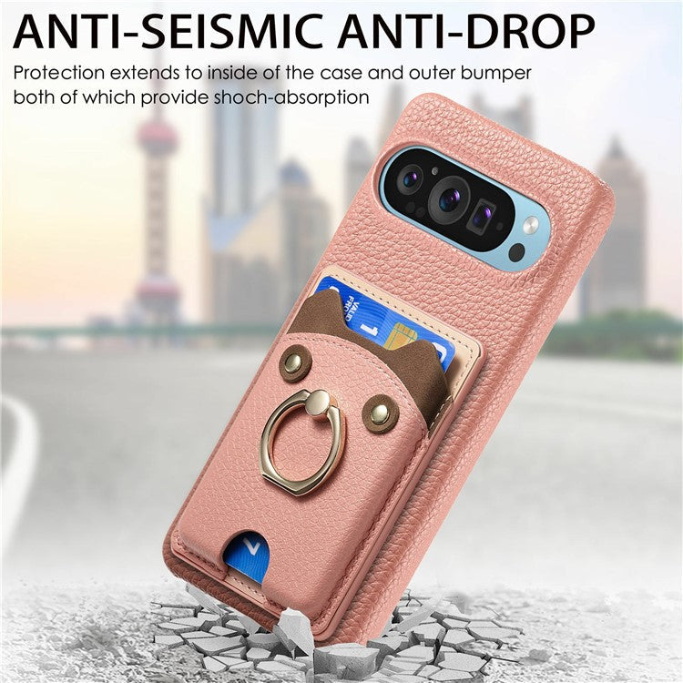 For Google Pixel 9 Pro XL Case Cute Bear Design PU Leather+TPU Card Holder Phone Cover - Khaki