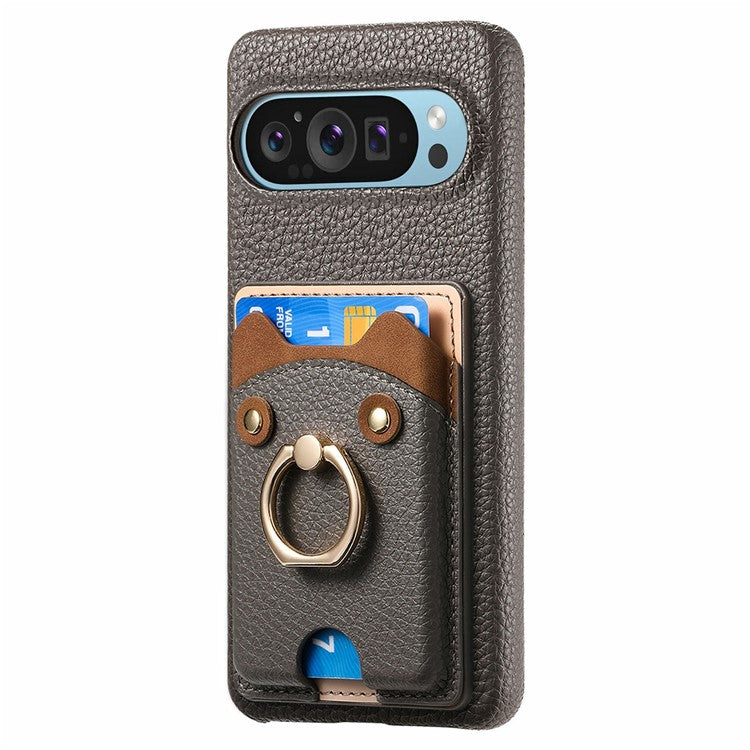 For Google Pixel 9 Pro XL Case Cute Bear Design PU Leather+TPU Card Holder Phone Cover - Grey