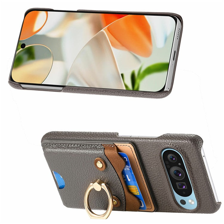 For Google Pixel 9 Pro XL Case Cute Bear Design PU Leather+TPU Card Holder Phone Cover - Grey