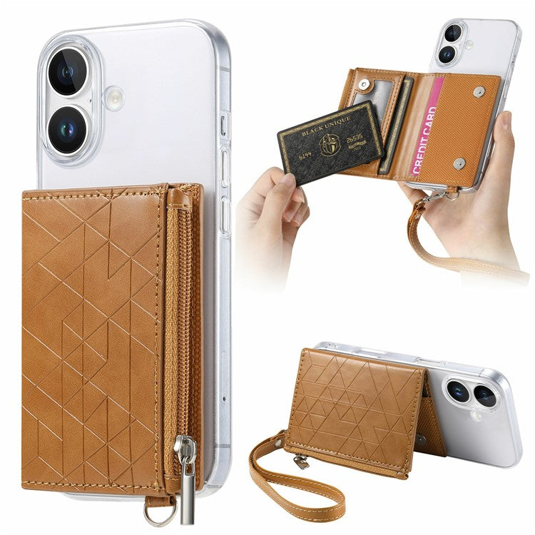 For iPhone 16 Clear Case Shockproof TPU Phone Cover with Kickstand Wallet - Brown