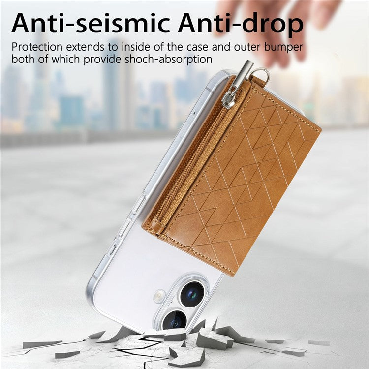 For iPhone 16 Clear Case Shockproof TPU Phone Cover with Kickstand Wallet - Brown