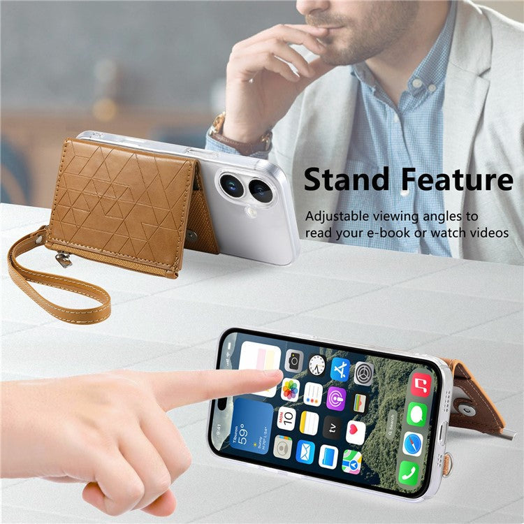 For iPhone 16 Clear Case Shockproof TPU Phone Cover with Kickstand Wallet - Brown