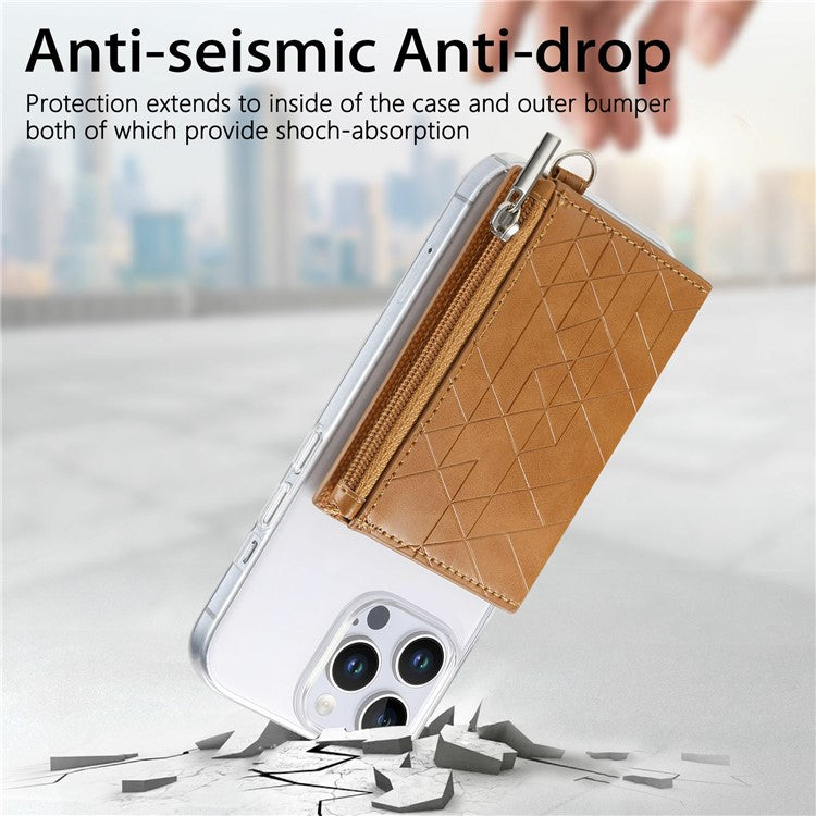 For iPhone 16 Pro Clear Case Shockproof TPU Phone Cover with Kickstand Wallet - Brown