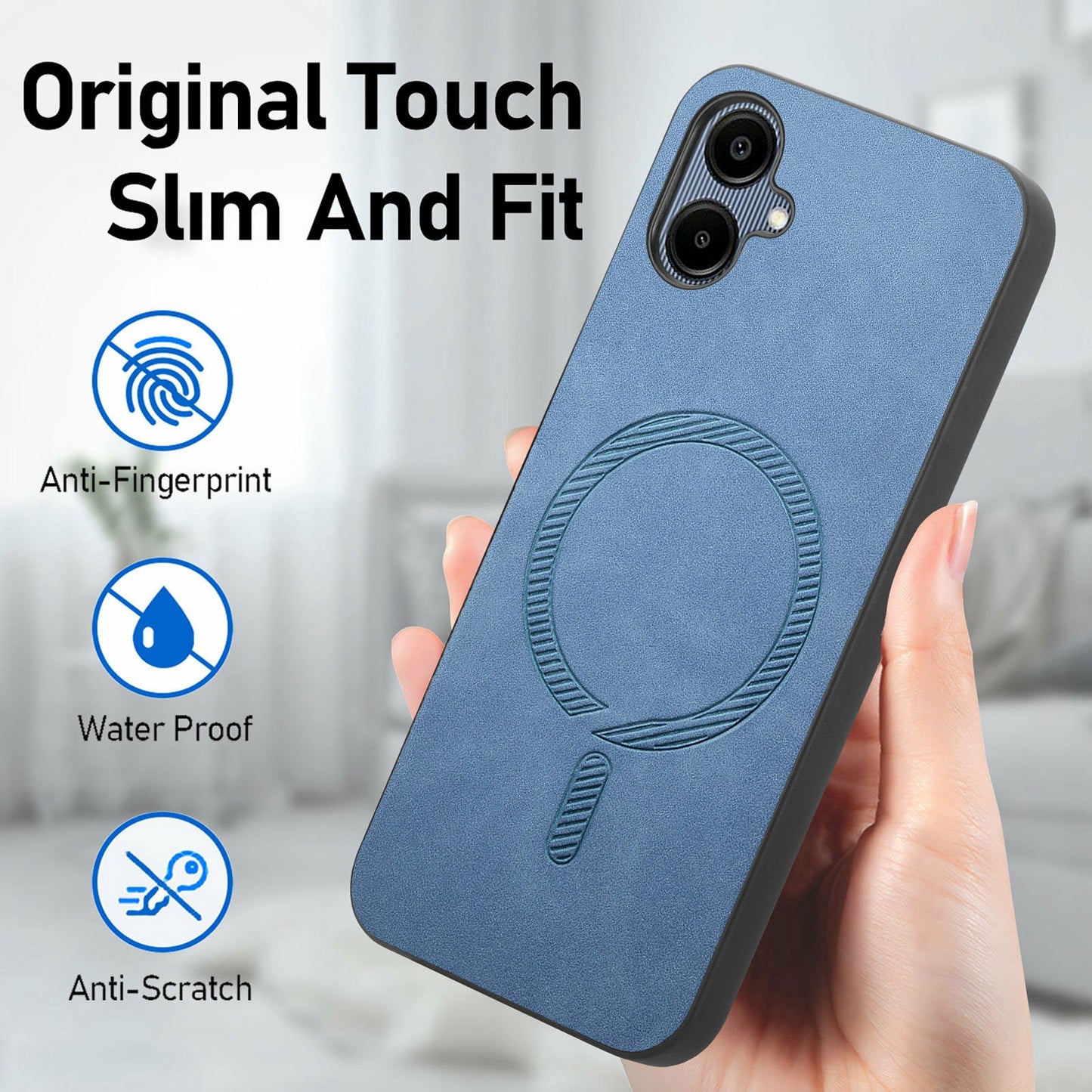 For Samsung Galaxy A06 Leather Back Case Compatible with MagSafe Skin-Touch Phone Cover - Blue