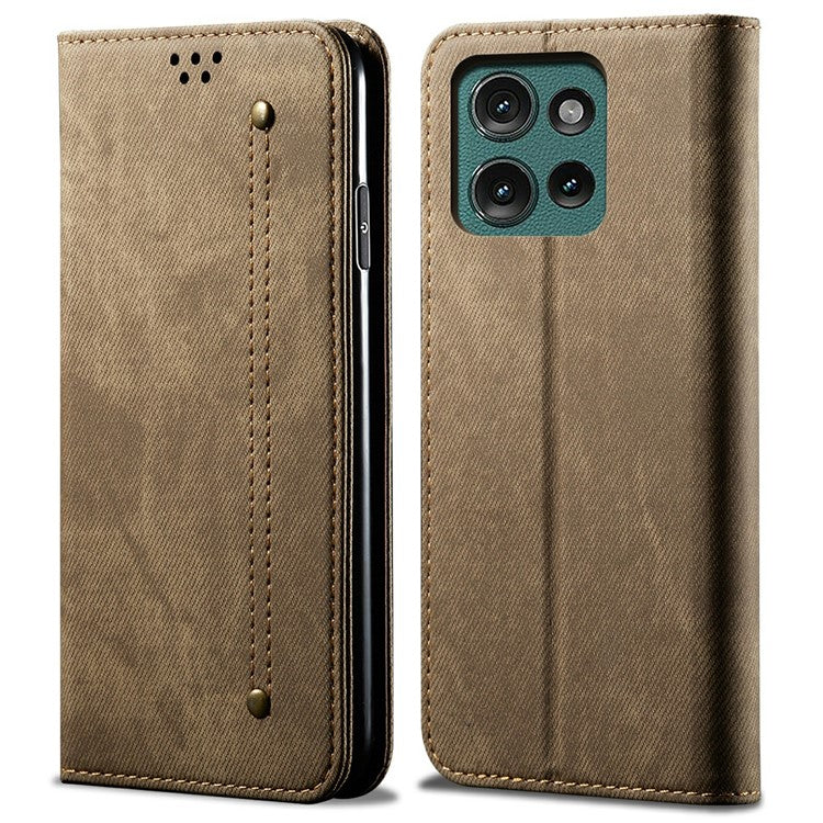 For Motorola Moto G75 5G Case Jeans Cloth Texture Anti-Scratch Leather Stand Phone Cover - Khaki