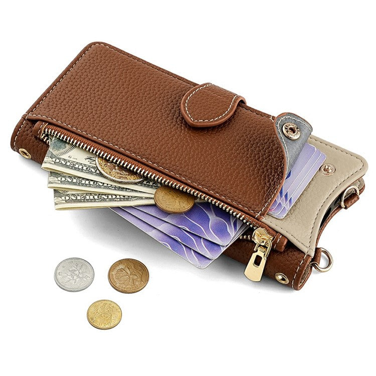 For iPhone 16 Pro Leather Case Wallet Stand Cover Irregular Tail Style with Chain Strap - Brown