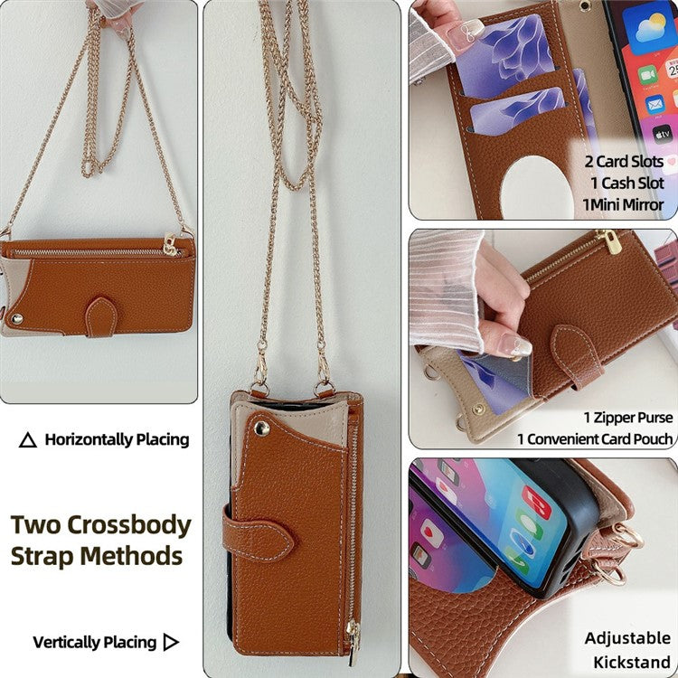 For iPhone 16 Pro Leather Case Wallet Stand Cover Irregular Tail Style with Chain Strap - Brown