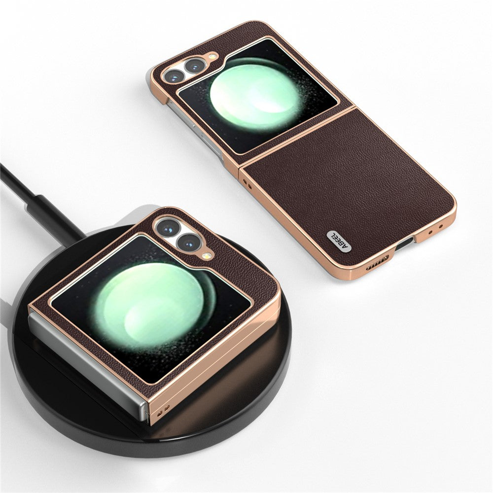 ABEEL For Samsung Galaxy Z Flip7 FE 5G / Z Flip6 5G Case Electroplating Genuine Cow Leather PC Phone Cover - Coffee