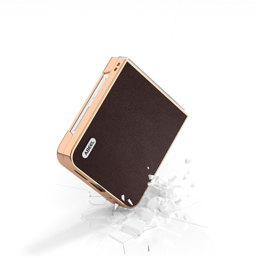 ABEEL For Samsung Galaxy Z Flip7 FE 5G / Z Flip6 5G Case Electroplating Genuine Cow Leather PC Phone Cover - Coffee