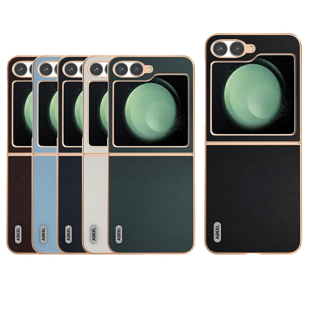 ABEEL For Samsung Galaxy Z Flip7 FE 5G / Z Flip6 5G Case Electroplating Genuine Cow Leather PC Phone Cover - Coffee