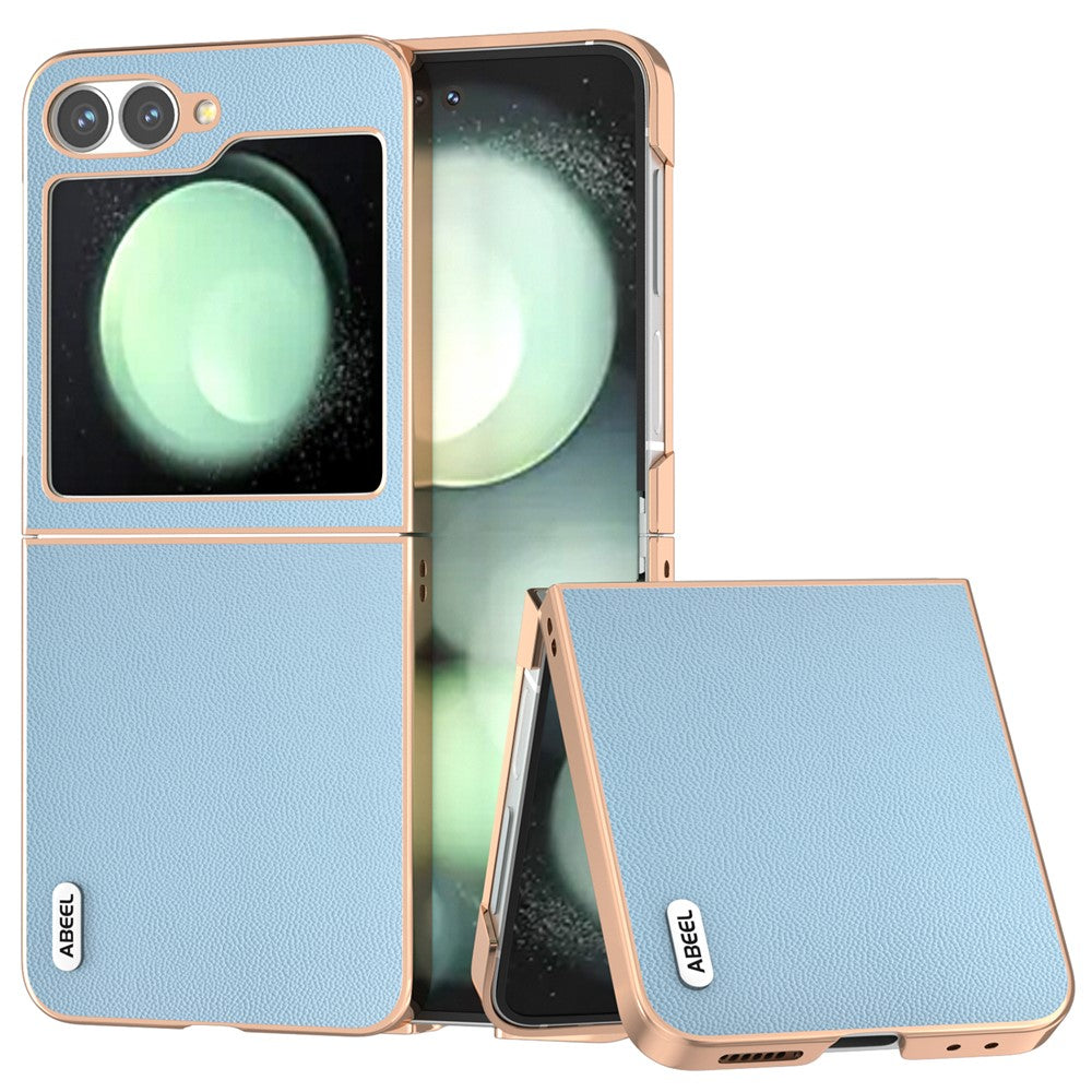ABEEL For Samsung Galaxy Z Flip7 FE 5G / Z Flip6 5G Case Electroplating Genuine Cow Leather PC Phone Cover - Sky Blue