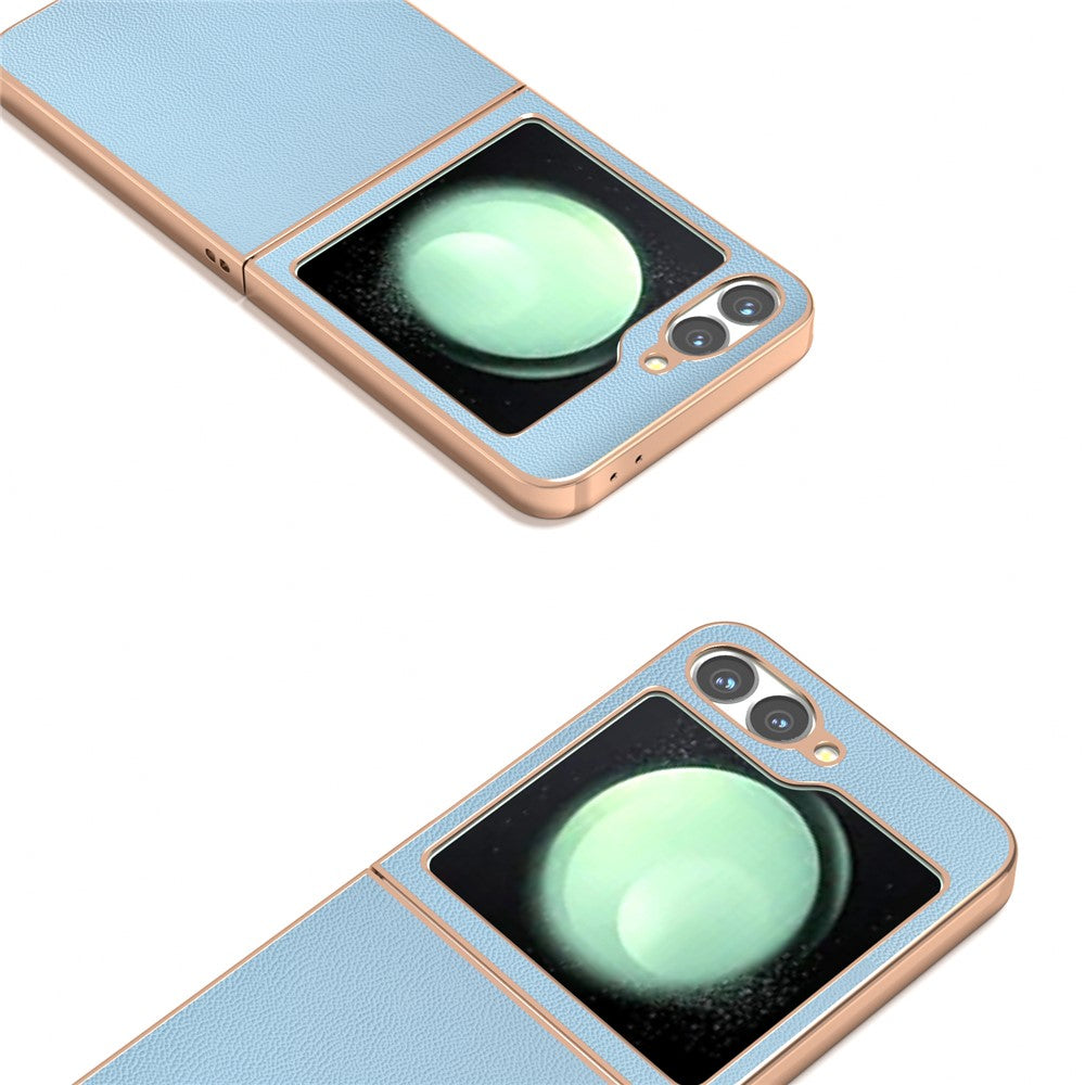 ABEEL For Samsung Galaxy Z Flip7 FE 5G / Z Flip6 5G Case Electroplating Genuine Cow Leather PC Phone Cover - Sky Blue