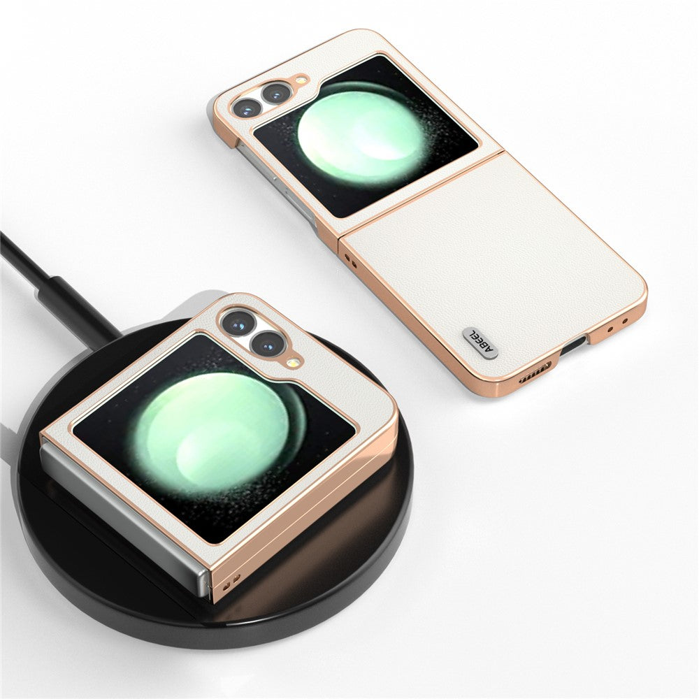 ABEEL For Samsung Galaxy Z Flip7 FE 5G / Z Flip6 5G Case Electroplating Genuine Cow Leather PC Phone Cover - White