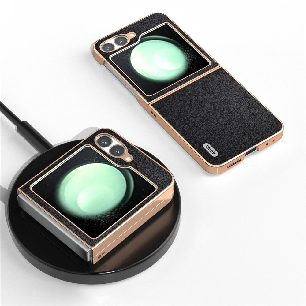 ABEEL For Samsung Galaxy Z Flip7 FE 5G / Z Flip6 5G Case Electroplating Genuine Cow Leather PC Phone Cover - Black