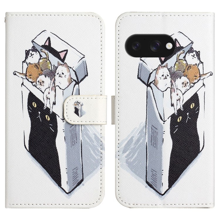 For Google Pixel 9a Case Pattern Print PU Leather Wallet Phone Cover Cross Texture - Cats