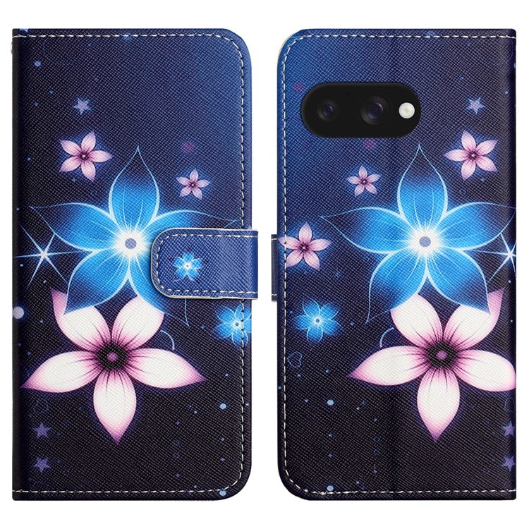 For Google Pixel 9a Case Pattern Print PU Leather Wallet Phone Cover Cross Texture - Blue Flower