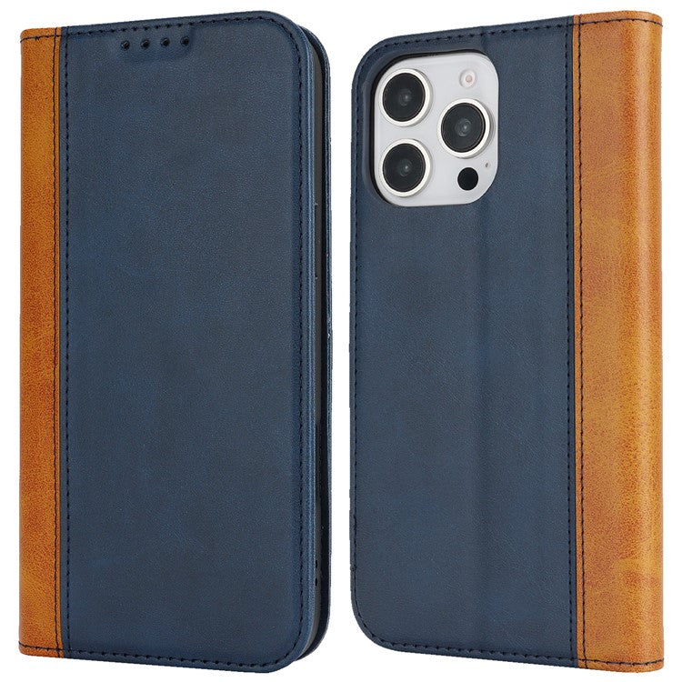 For iPhone 16 Pro Max Case Calf Texture 3 Card Slots Color Splicing Leather Phone Cover - Blue+Yellow