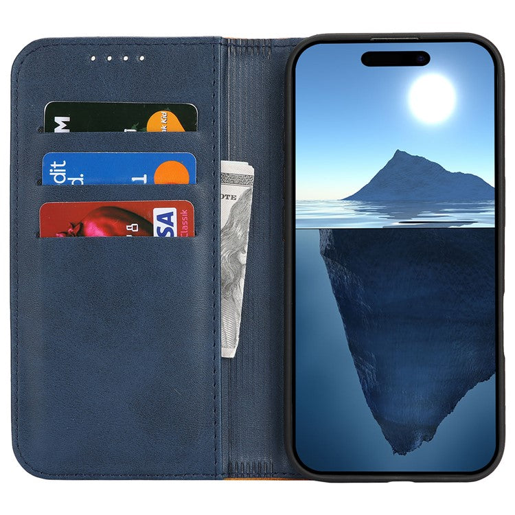 For iPhone 16 Pro Max Case Calf Texture 3 Card Slots Color Splicing Leather Phone Cover - Blue+Yellow