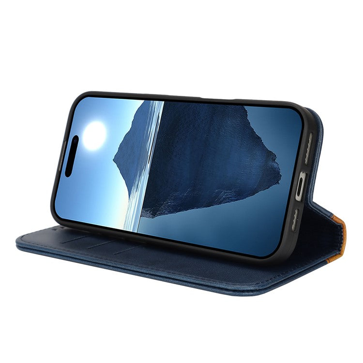 For iPhone 16 Pro Max Case Calf Texture 3 Card Slots Color Splicing Leather Phone Cover - Blue+Yellow