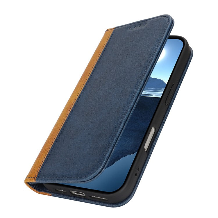 For iPhone 16 Pro Max Case Calf Texture 3 Card Slots Color Splicing Leather Phone Cover - Blue+Yellow