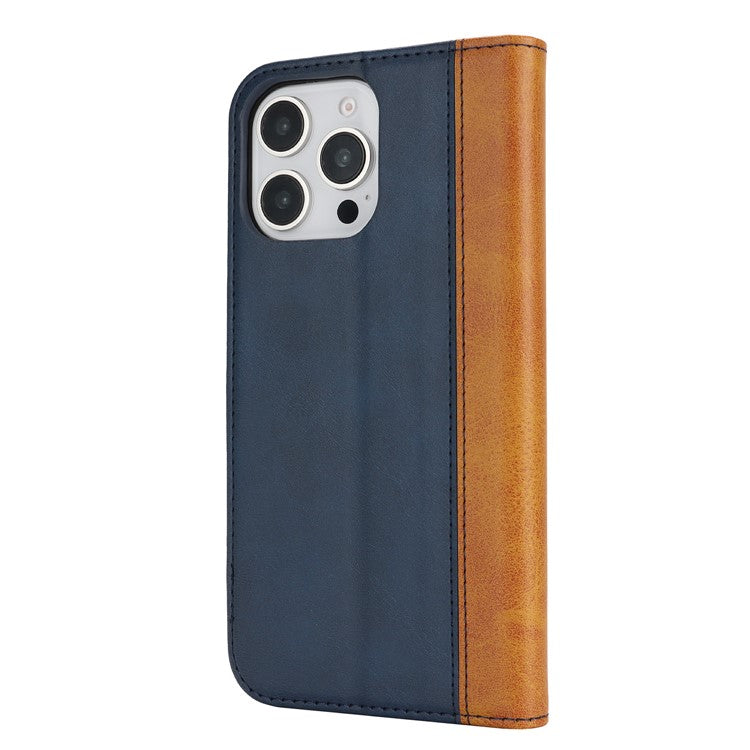 For iPhone 16 Pro Max Case Calf Texture 3 Card Slots Color Splicing Leather Phone Cover - Blue+Yellow