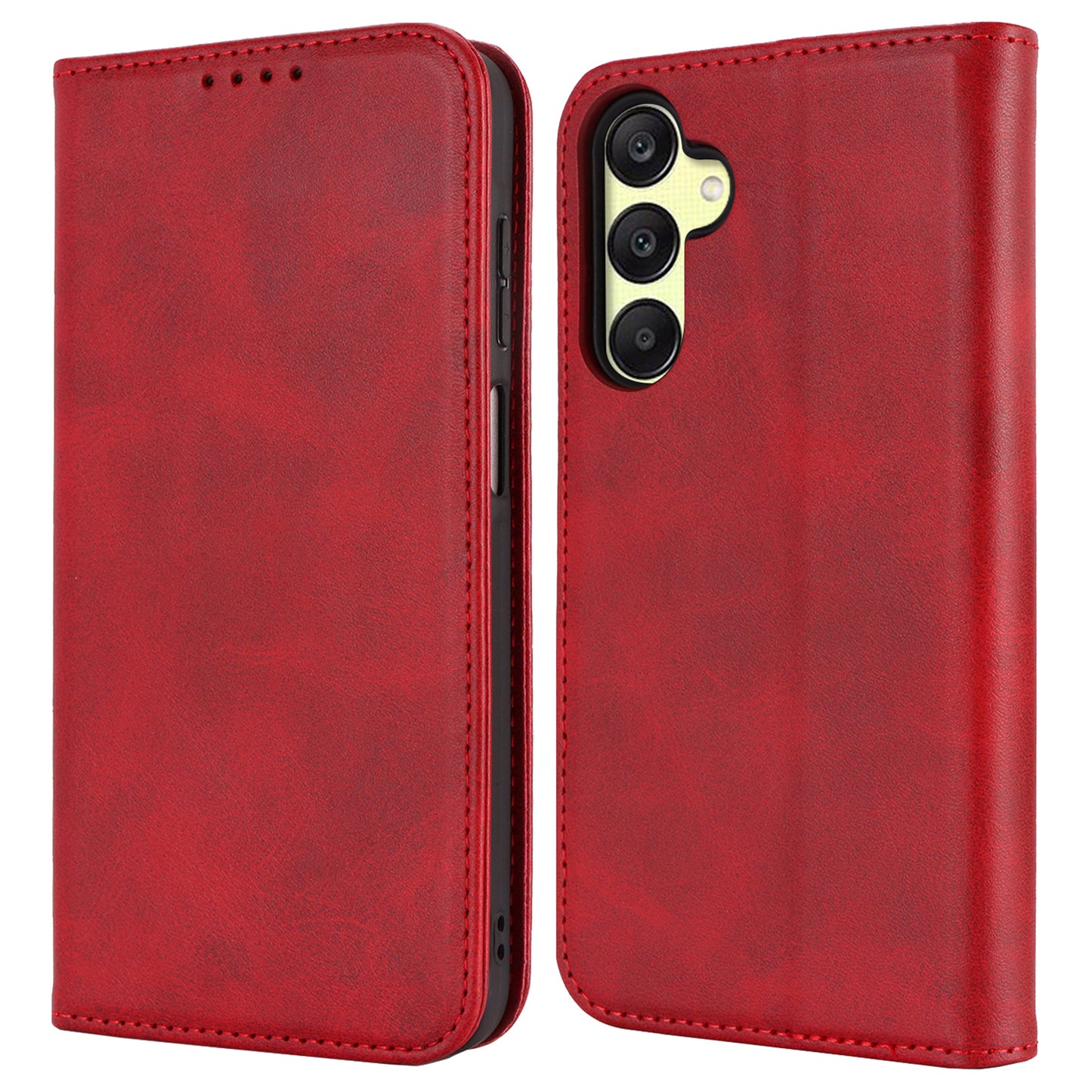 For Samsung Galaxy A16 5G / 4G Case PU Leather Calf Textured Magnetic Closing Smart Phone Cover - Red