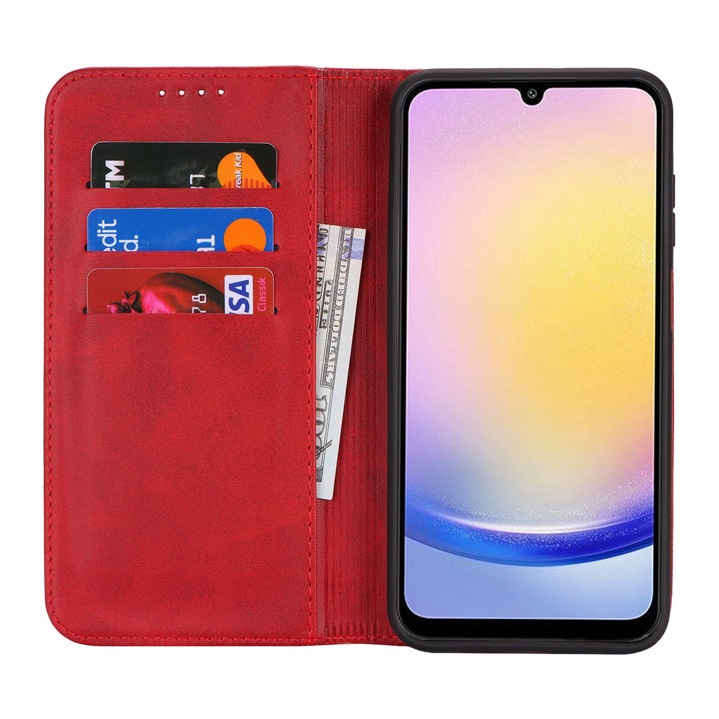 For Samsung Galaxy A16 5G / 4G Case PU Leather Calf Textured Magnetic Closing Smart Phone Cover - Red