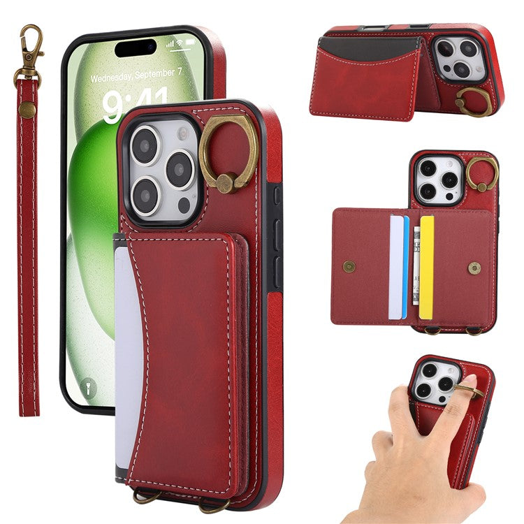 For iPhone 16 Pro PU Leather Back Case Card Holder Kickstand Phone Cover with Wrist Strap - Red