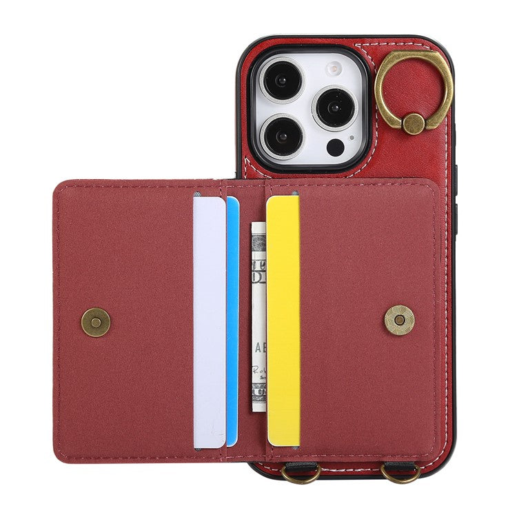 For iPhone 16 Pro PU Leather Back Case Card Holder Kickstand Phone Cover with Wrist Strap - Red