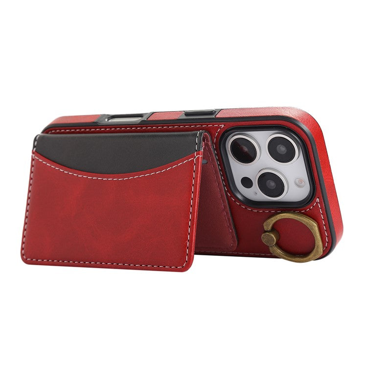For iPhone 16 Pro PU Leather Back Case Card Holder Kickstand Phone Cover with Wrist Strap - Red