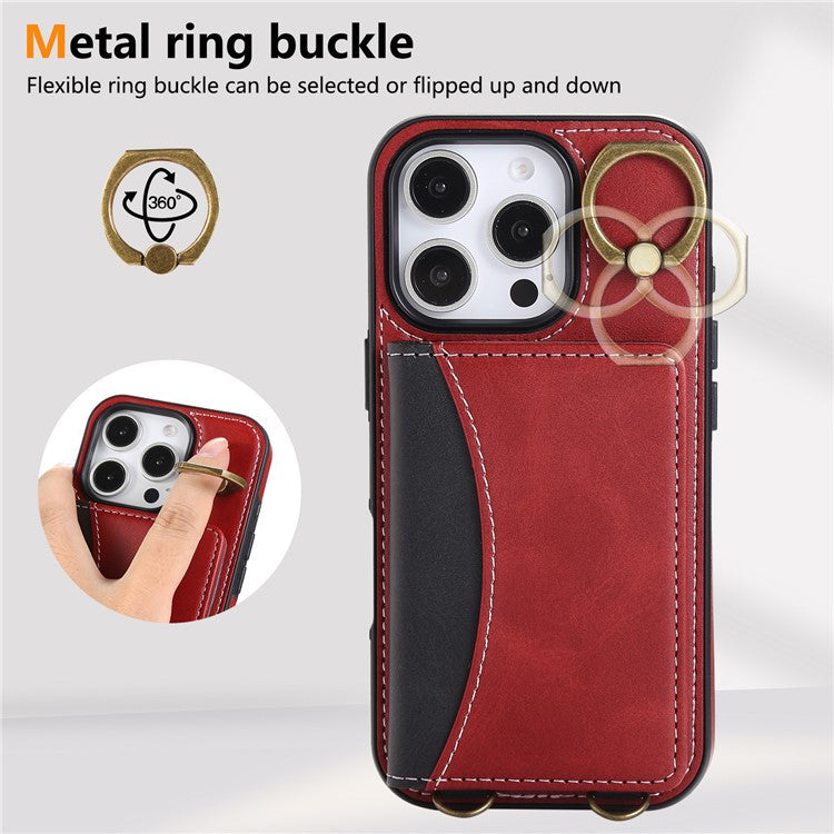 For iPhone 16 Pro PU Leather Back Case Card Holder Kickstand Phone Cover with Wrist Strap - Red