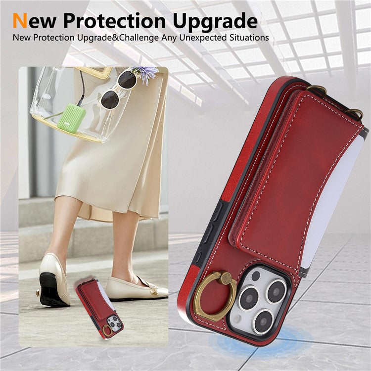 For iPhone 16 Pro PU Leather Back Case Card Holder Kickstand Phone Cover with Wrist Strap - Red