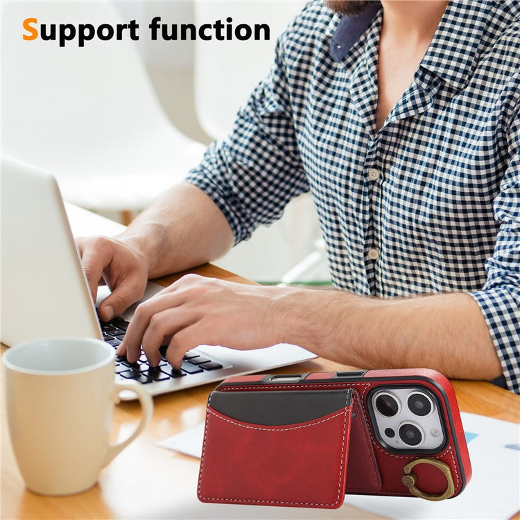 For iPhone 16 Pro PU Leather Back Case Card Holder Kickstand Phone Cover with Wrist Strap - Red