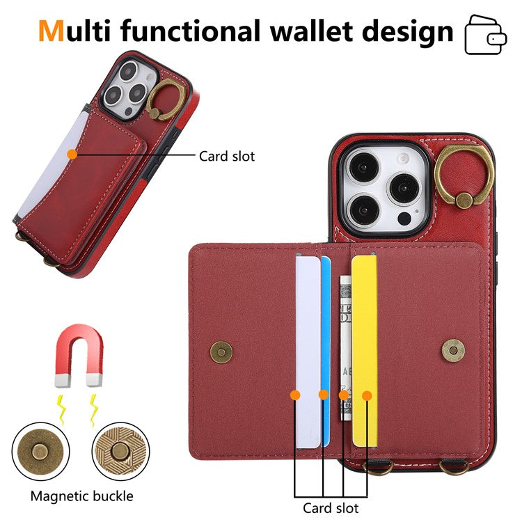 For iPhone 16 Pro PU Leather Back Case Card Holder Kickstand Phone Cover with Wrist Strap - Red