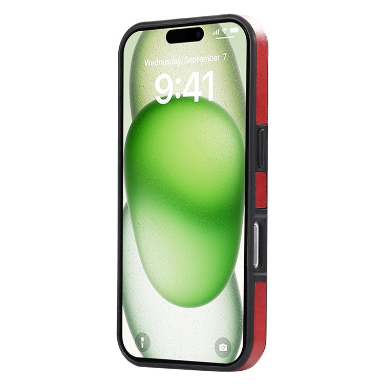 For iPhone 16 Pro PU Leather Back Case Card Holder Kickstand Phone Cover with Wrist Strap - Red