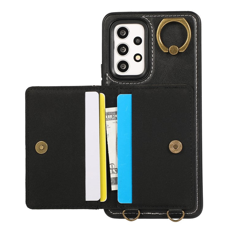 For Samsung Galaxy A53 5G PU Leather Back Case Card Holder Kickstand Phone Cover with Wrist Strap - Black