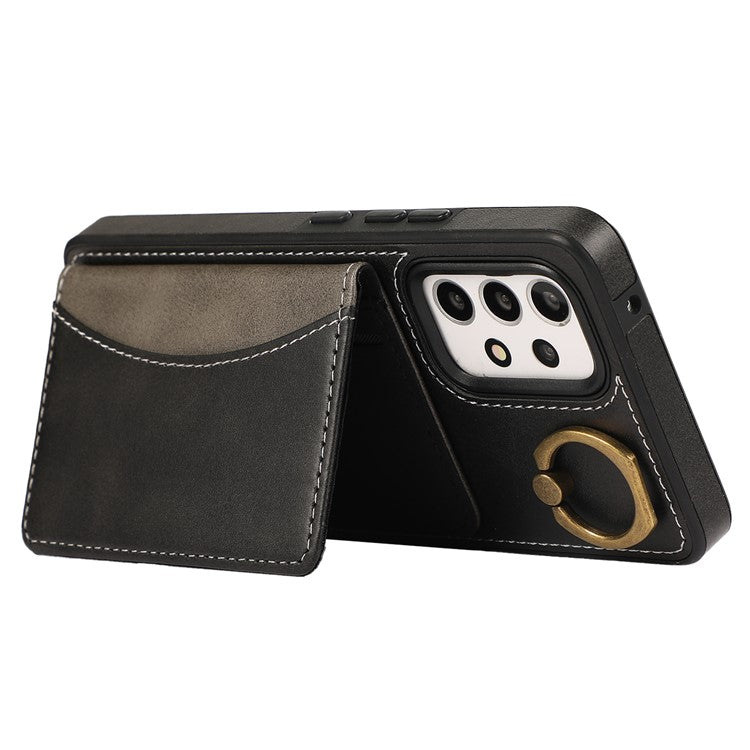 For Samsung Galaxy A53 5G PU Leather Back Case Card Holder Kickstand Phone Cover with Wrist Strap - Black