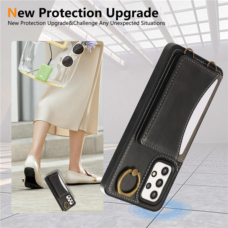 For Samsung Galaxy A53 5G PU Leather Back Case Card Holder Kickstand Phone Cover with Wrist Strap - Black