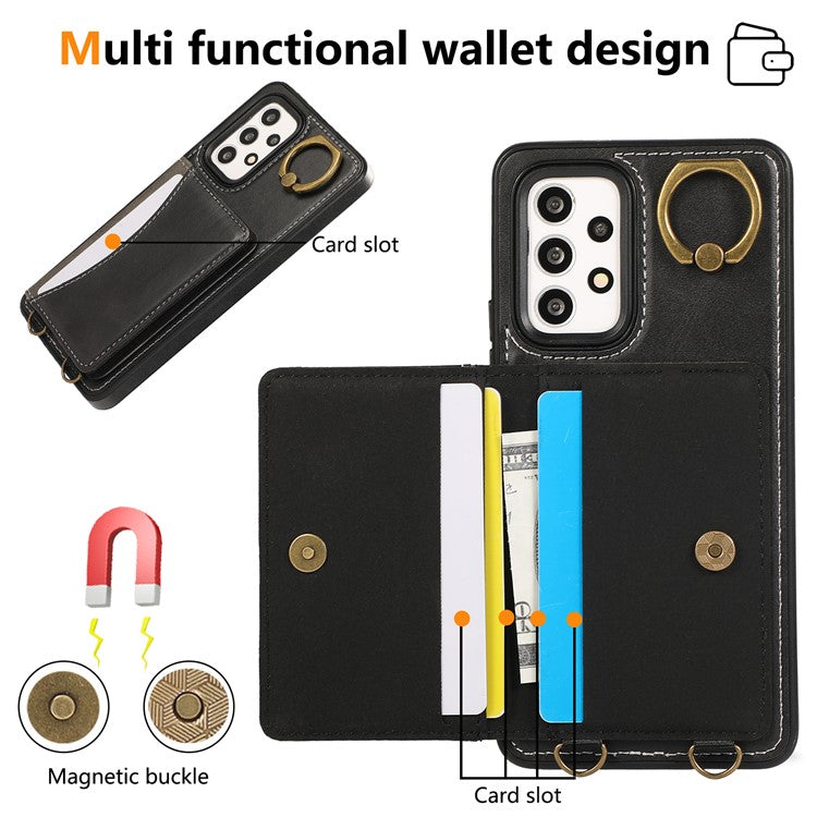 For Samsung Galaxy A53 5G PU Leather Back Case Card Holder Kickstand Phone Cover with Wrist Strap - Black