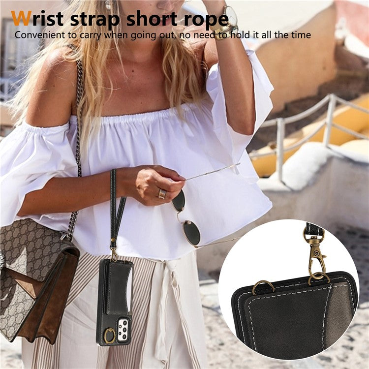 For Samsung Galaxy A53 5G PU Leather Back Case Card Holder Kickstand Phone Cover with Wrist Strap - Black