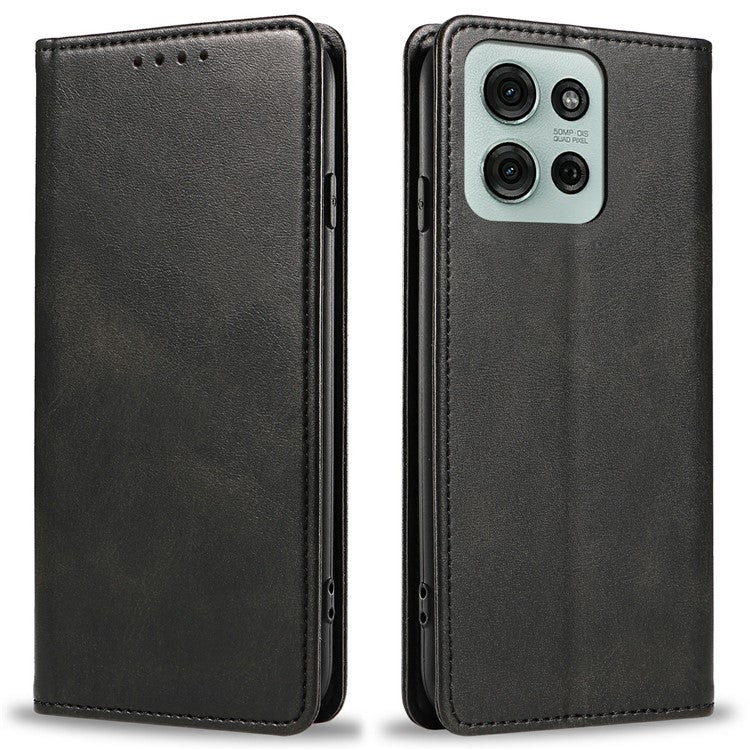 For Motorola Moto G75 5G Case Strong Magnetic PU Leather Phone Cover Calf Texture - Black